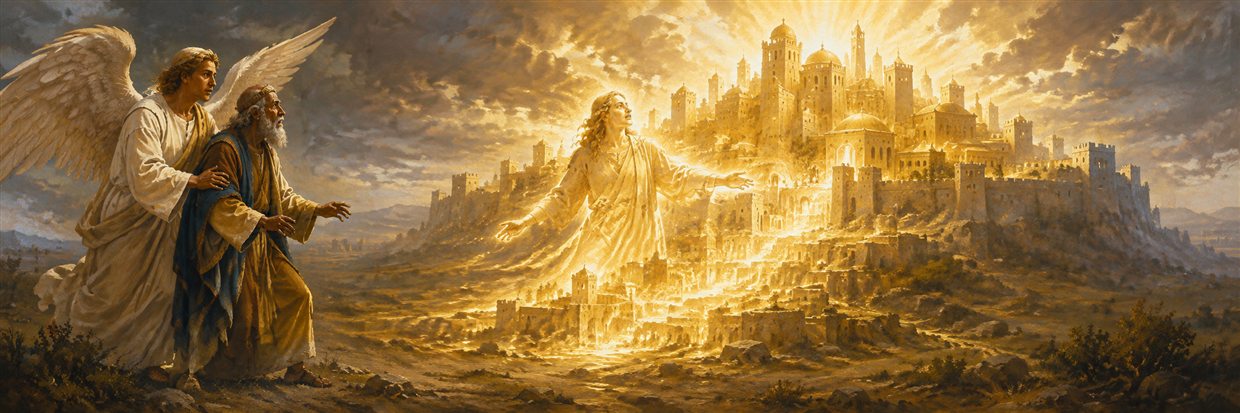 A mourning woman transforms into a radiant city while Uriel supports the astonished Ezra in an open field